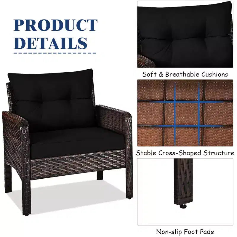 Costway Ensemble de Conversation en Rotin de 3 Pièces pour Extérieur, Fauteuil de Canapé Rembourré pour Jardin et Patio