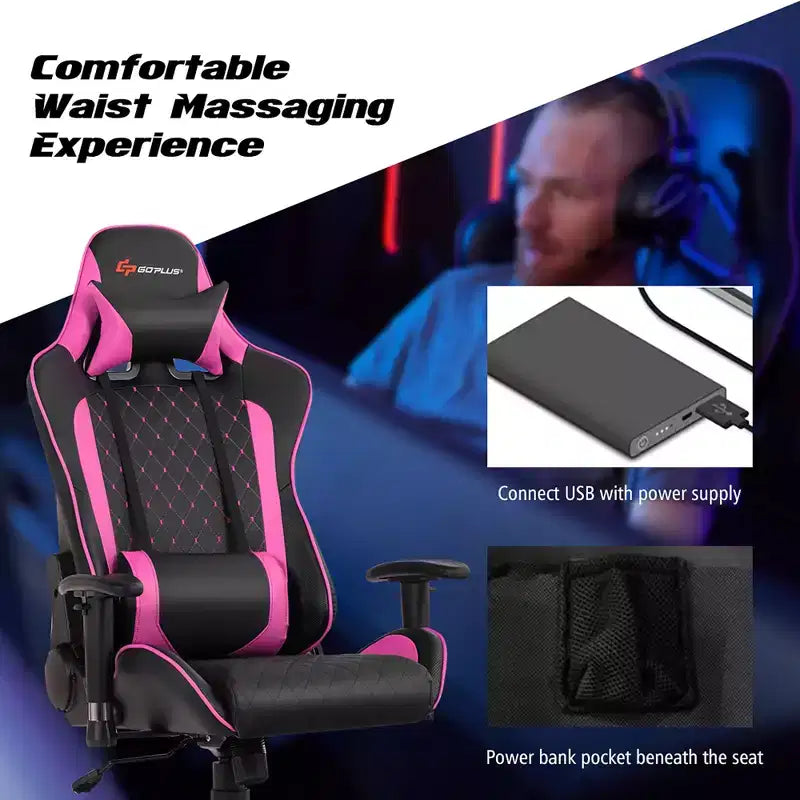 Fauteuil de massage gamer inclinable Costway avec support lombaire et appui-tête Blanc/Bleu/Rose/Rouge
