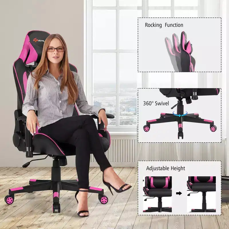 Fauteuil de massage gamer inclinable Costway avec support lombaire et appui-tête Blanc/Bleu/Rose/Rouge