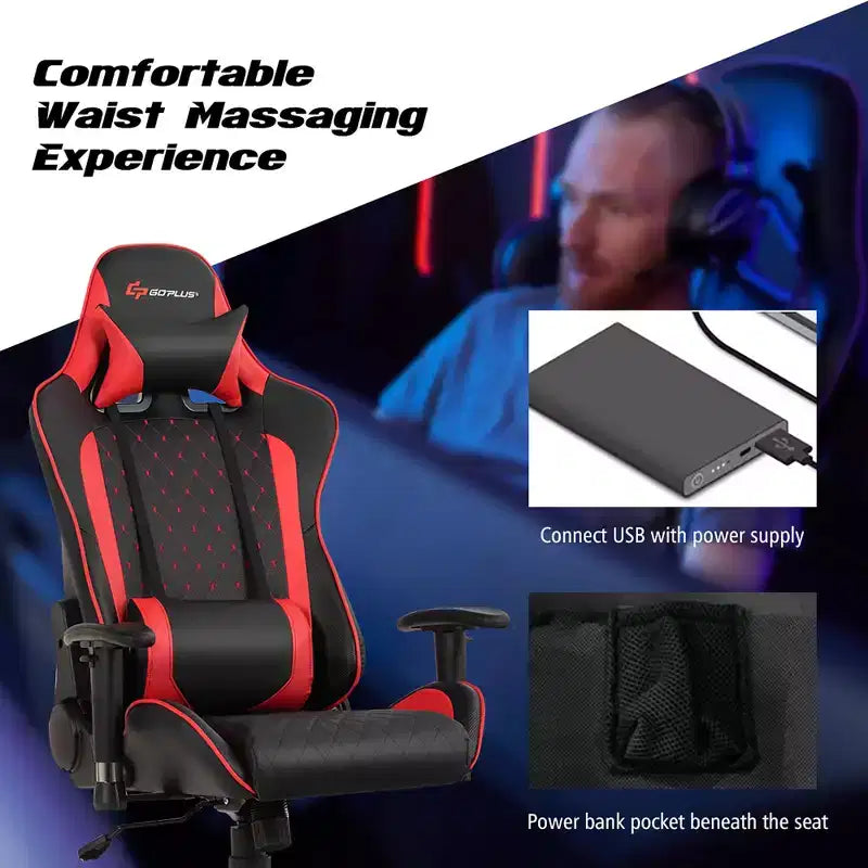 Fauteuil de massage gamer inclinable Costway avec support lombaire et appui-tête Blanc/Bleu/Rose/Rouge