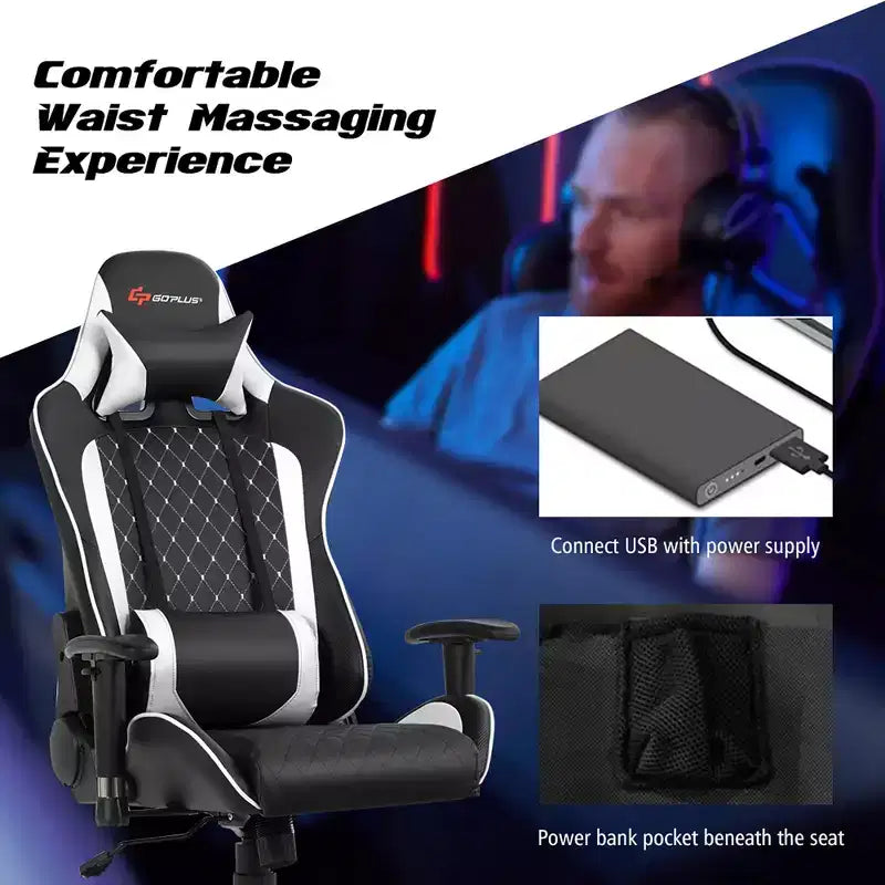 Fauteuil de massage gamer inclinable Costway avec support lombaire et appui-tête Blanc/Bleu/Rose/Rouge
