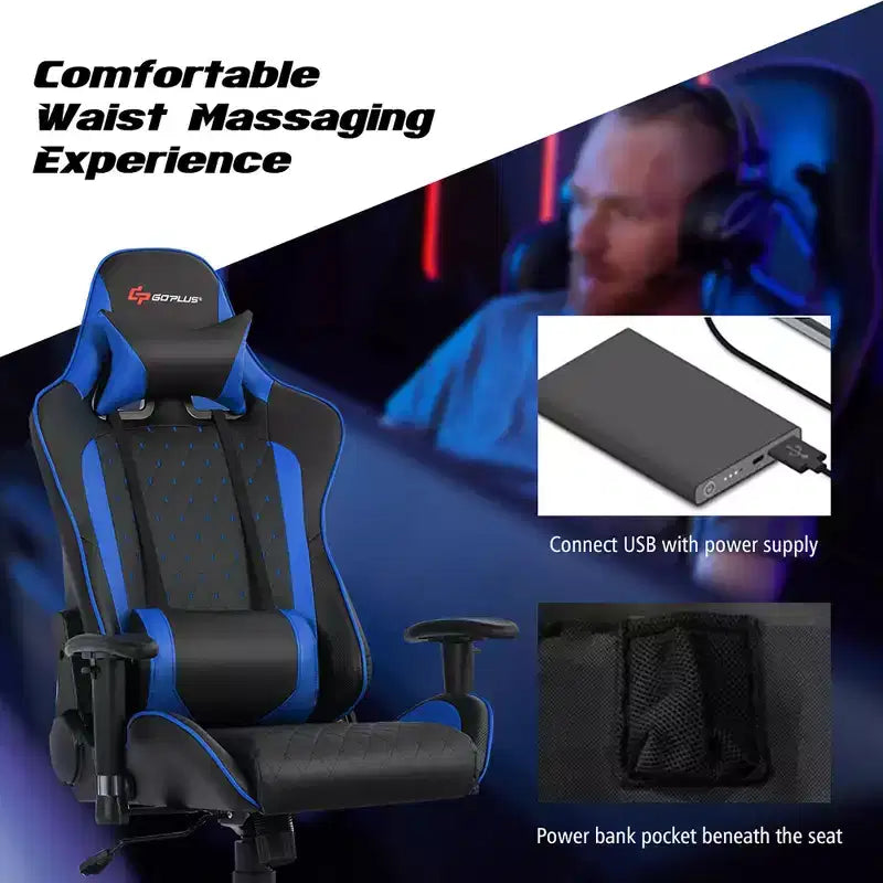 Fauteuil de massage gamer inclinable Costway avec support lombaire et appui-tête Blanc/Bleu/Rose/Rouge