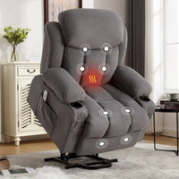 Fauteuil releveur électrique gris avec massage chauffant, charge USB, télécommande et poches latérales pratiques pour seniors