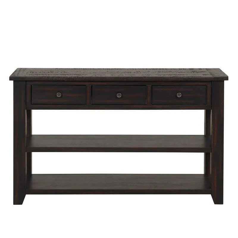 Console en bois avec 3 tiroirs de rangement et 2 étagères