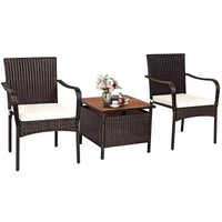 Costway Ensemble bistro de mobilier de terrasse en rotin 3 pièces, table d'appoint en bois, chaise empilable