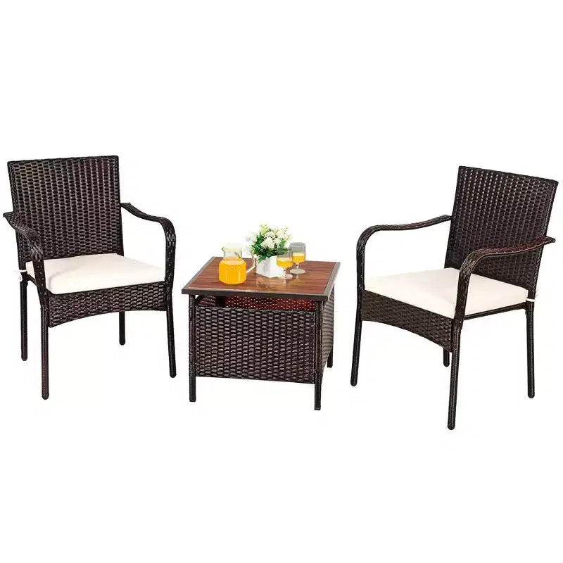 Costway Ensemble bistro de mobilier de terrasse en rotin 3 pièces, table d'appoint en bois, chaise empilable
