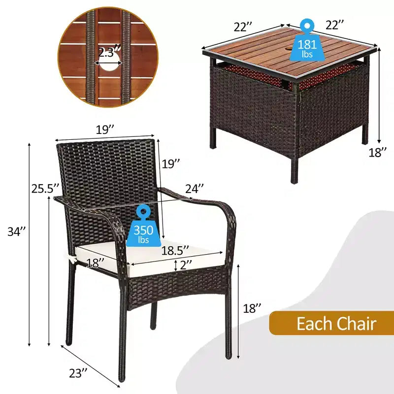 Costway Ensemble bistro de mobilier de terrasse en rotin 3 pièces, table d'appoint en bois, chaise empilable