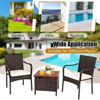Costway Ensemble bistro de mobilier de terrasse en rotin 3 pièces, table d'appoint en bois, chaise empilable