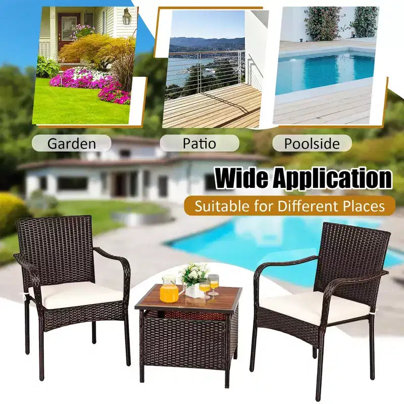 Costway Ensemble bistro de mobilier de terrasse en rotin 3 pièces, table d'appoint en bois, chaise empilable