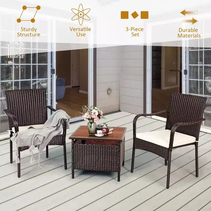 Costway Ensemble bistro de mobilier de terrasse en rotin 3 pièces, table d'appoint en bois, chaise empilable