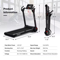 Costway Tapis de course électrique pliable 2,25 CV Contrôle via application Bluetooth