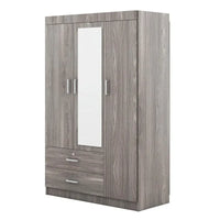 Armoire penderie 3 portes avec miroirs, étagères et 2 tiroirs