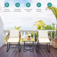 Costway Ensemble bistro de patio 3 pièces en rotin avec coussins toutes saisons, chaises et table blanches