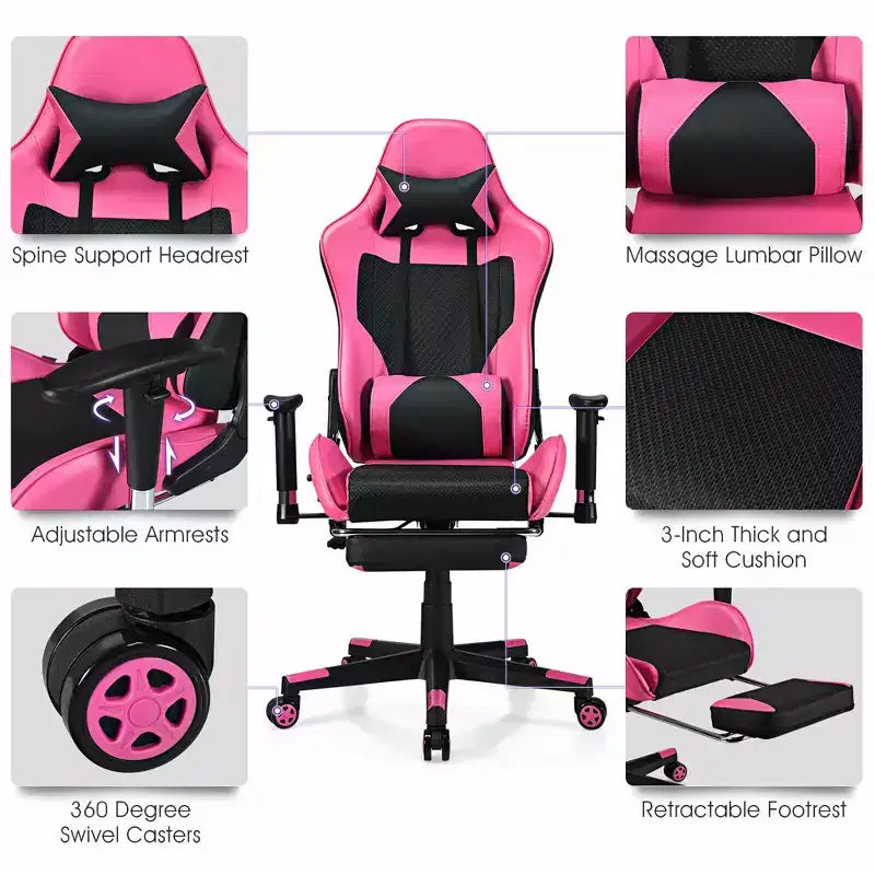 Chaise de jeu massante Costway, fauteuil de bureau inclinable style course avec repose-pieds blanc/bleu/rose/rouge