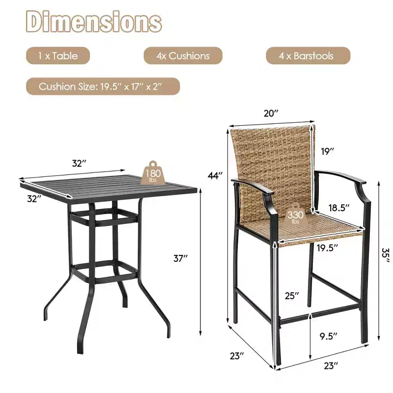 Costway Ensemble de Bistrot d'Extérieur 5 Pièces, Table et Tabourets de Bar en Rotin avec Coussins, Cadre en Acier