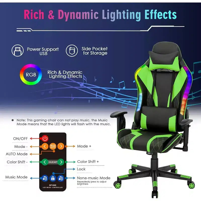 Chaise gaming Costway pivotante réglable pour ordinateur avec lumières LED dynamiques