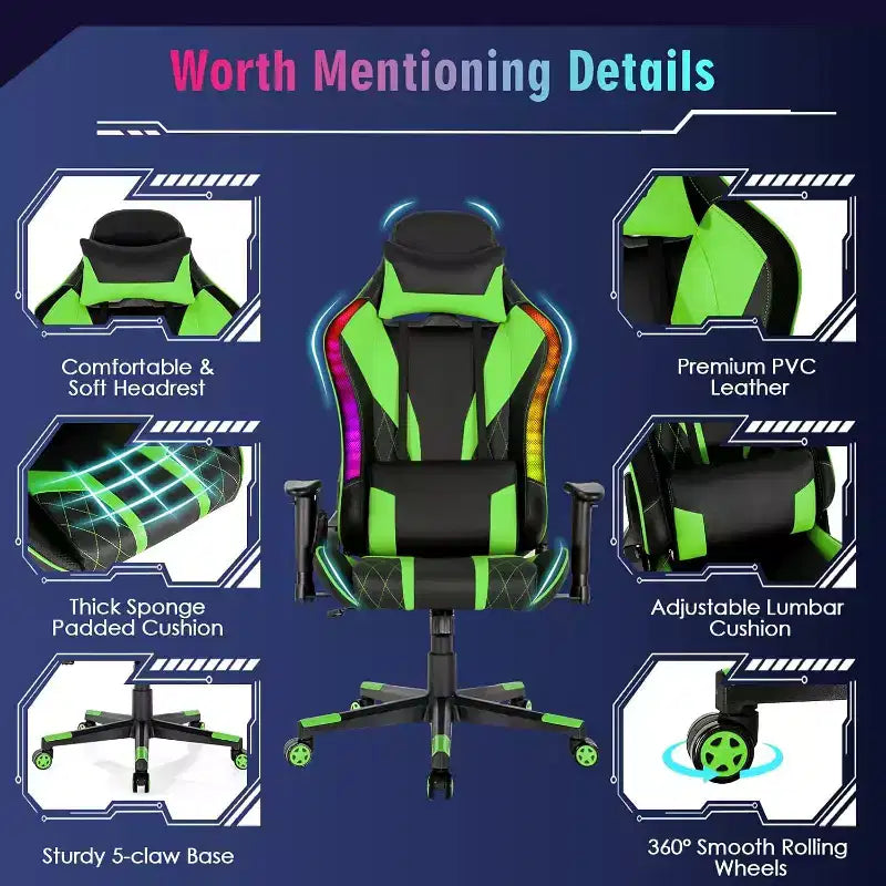 Chaise gaming Costway pivotante réglable pour ordinateur avec lumières LED dynamiques