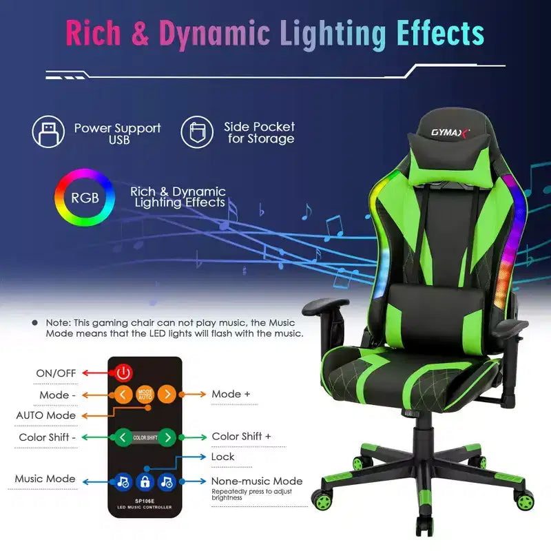 Chaise gaming Costway pivotante réglable pour ordinateur avec lumières LED dynamiques