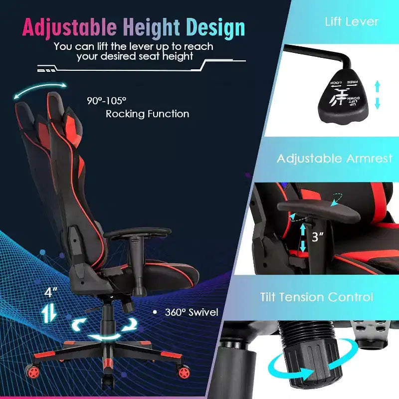 Chaise gaming Costway pivotante réglable pour ordinateur avec lumières LED dynamiques