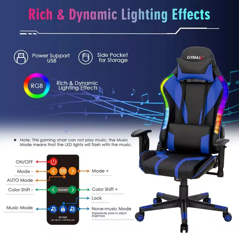 Chaise gaming Costway pivotante réglable pour ordinateur avec lumières LED dynamiques