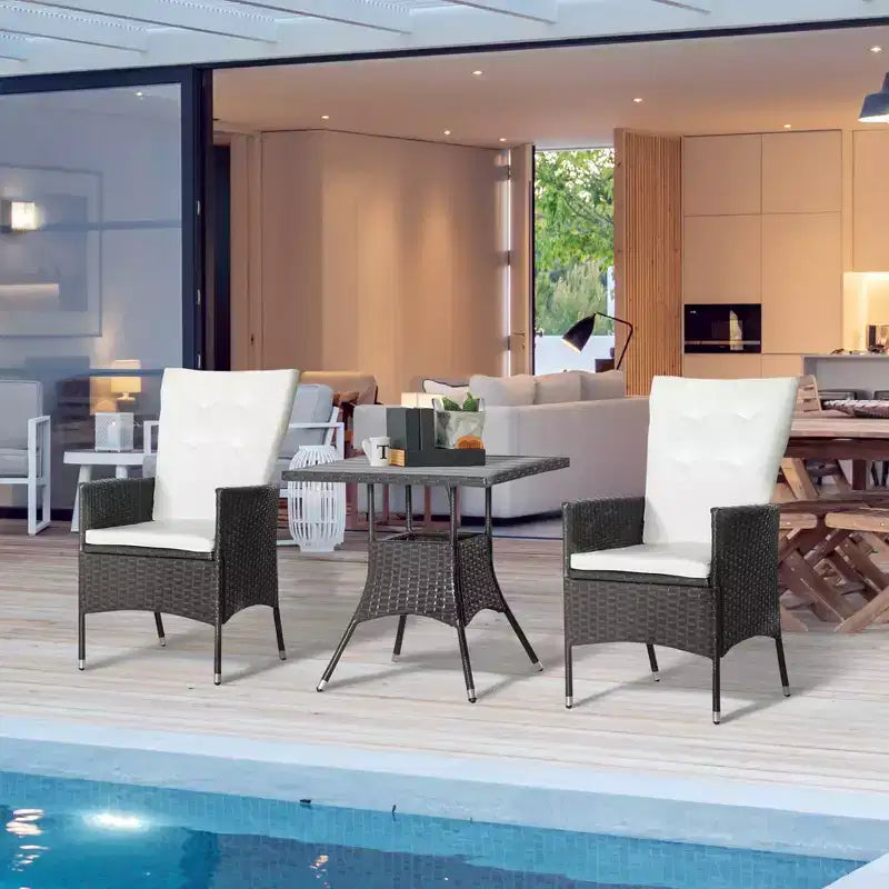 Ensemble de bistrot 3 pièces Outsunny, mobilier d'extérieur en rotin PE avec chaises inclinables et coussins touffus et table basse