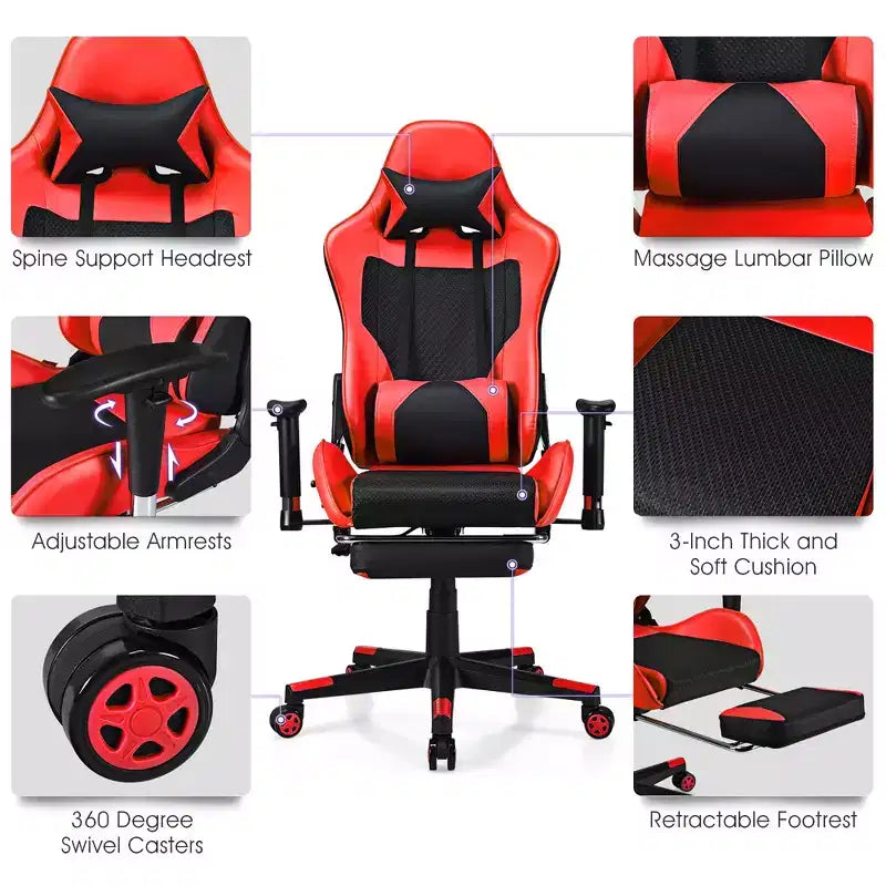 Chaise de massage gaming Costway inclinable avec support lombaire massant et repose-pieds