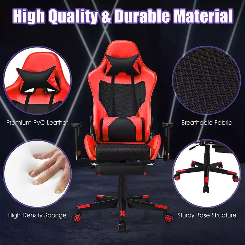 Chaise de massage gaming Costway inclinable avec support lombaire massant et repose-pieds