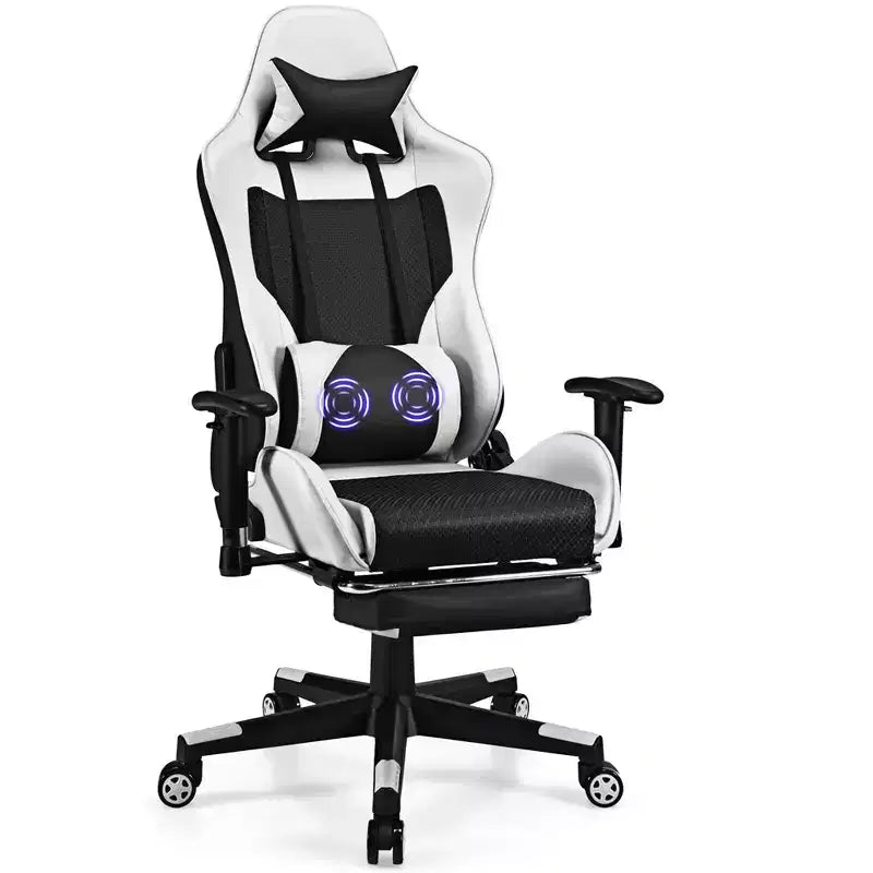 Chaise de Massage Gaming Costway Fauteuil de Bureau Inclinable avec Repose-pied Blanc