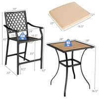 Costway Ensemble Table Carrée de Bistrot et 2 Tabourets de Bar d'Extérieur, Chaises Rembourrées avec Accoudoirs