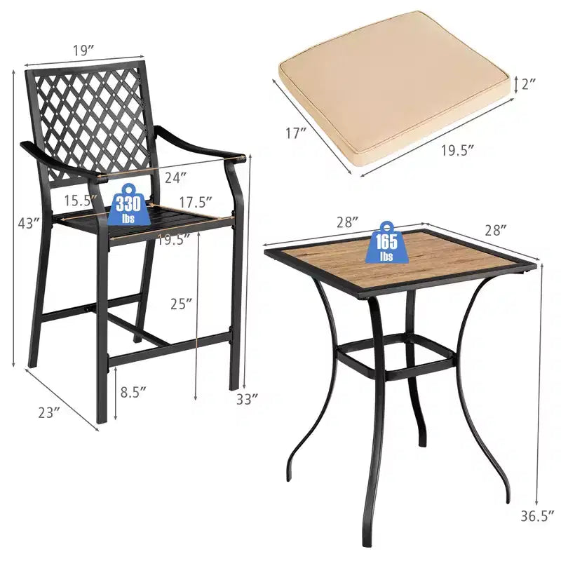 Costway Ensemble Table Carrée de Bistrot et 2 Tabourets de Bar d'Extérieur, Chaises Rembourrées avec Accoudoirs