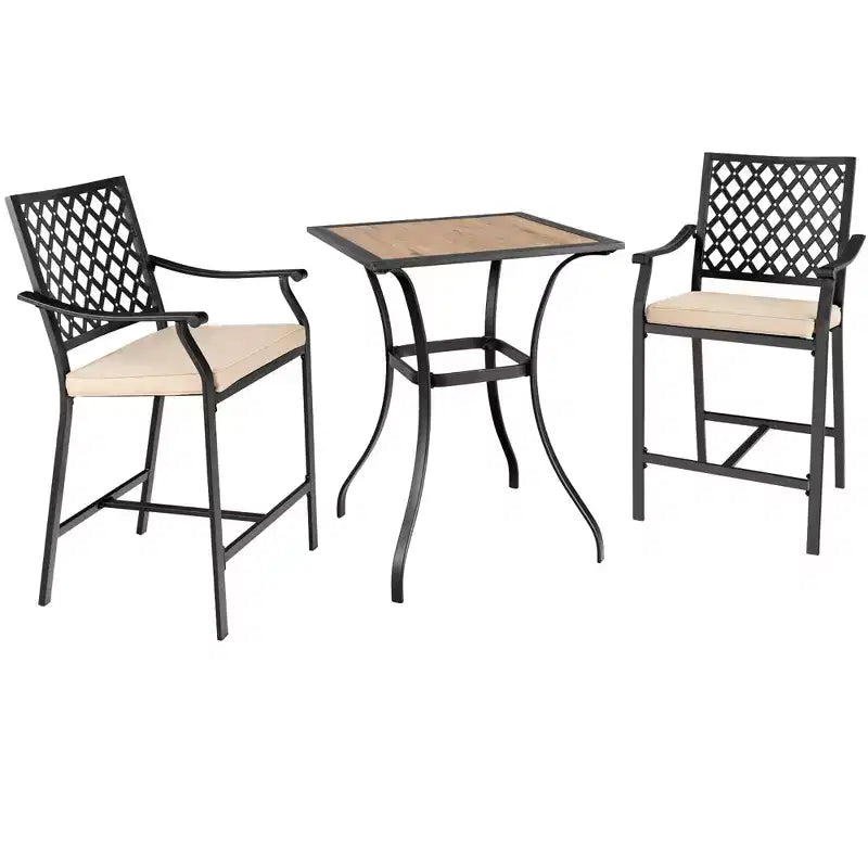 Costway Ensemble Table Carrée de Bistrot et 2 Tabourets de Bar d'Extérieur, Chaises Rembourrées avec Accoudoirs