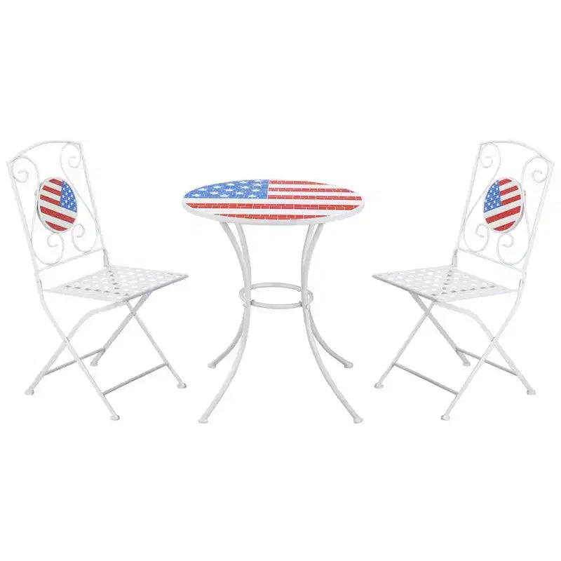 Ensemble de bistrot 3 pièces Outsunny, mobilier d'extérieur pliant avec table et chaises à motif mosaïque USA pour le 4 juillet, balcon, drapeau américain