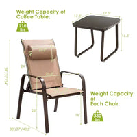 Costway Ensemble de mobilier bistro de patio 3 pièces - Chaises empilables à dossier réglable Marron/Noir