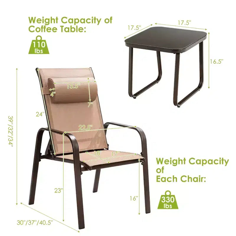 Costway Ensemble de mobilier bistro de patio 3 pièces - Chaises empilables à dossier réglable Marron/Noir