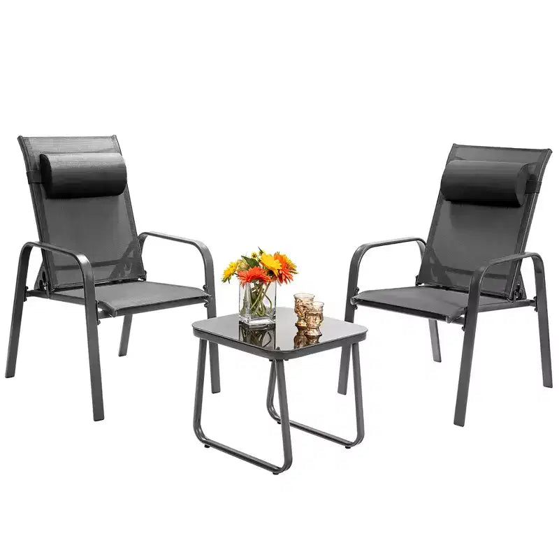 Costway Ensemble de mobilier bistro de patio 3 pièces - Chaises empilables à dossier réglable Marron/Noir