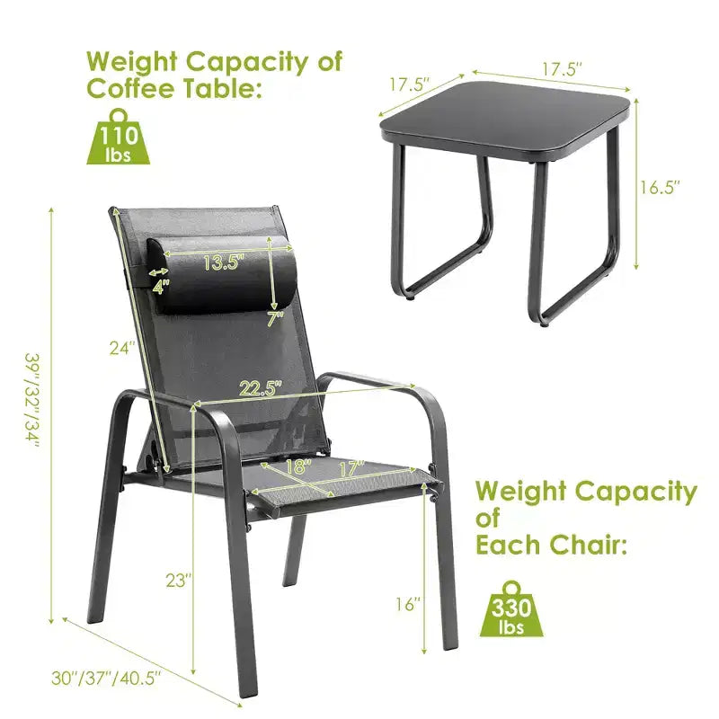 Costway Ensemble de mobilier bistro de patio 3 pièces - Chaises empilables à dossier réglable Marron/Noir