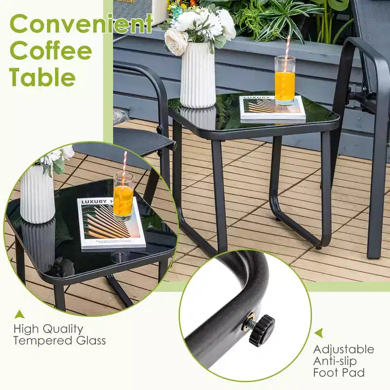 Costway Ensemble de mobilier bistro de patio 3 pièces - Chaises empilables à dossier réglable Marron/Noir