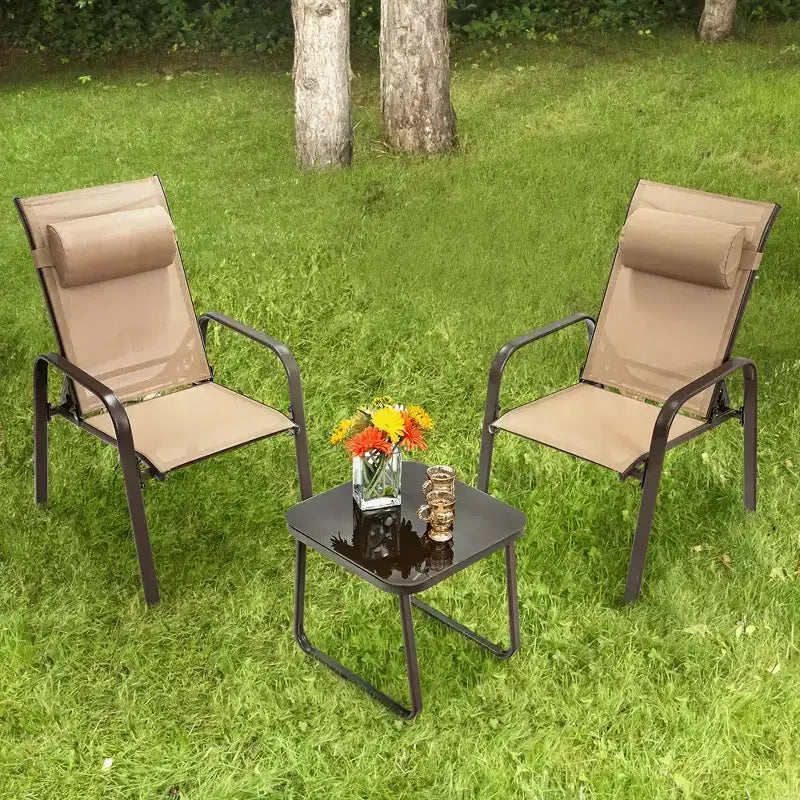 Costway Ensemble de mobilier bistro de patio 3 pièces - Chaises empilables à dossier réglable Marron/Noir