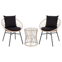 Ensemble de bistro 3 pièces Flash Furniture Devon pour l'intérieur/l'extérieur, chaises en rotin tressé de style Papasan, table d'appoint en verre et coussins