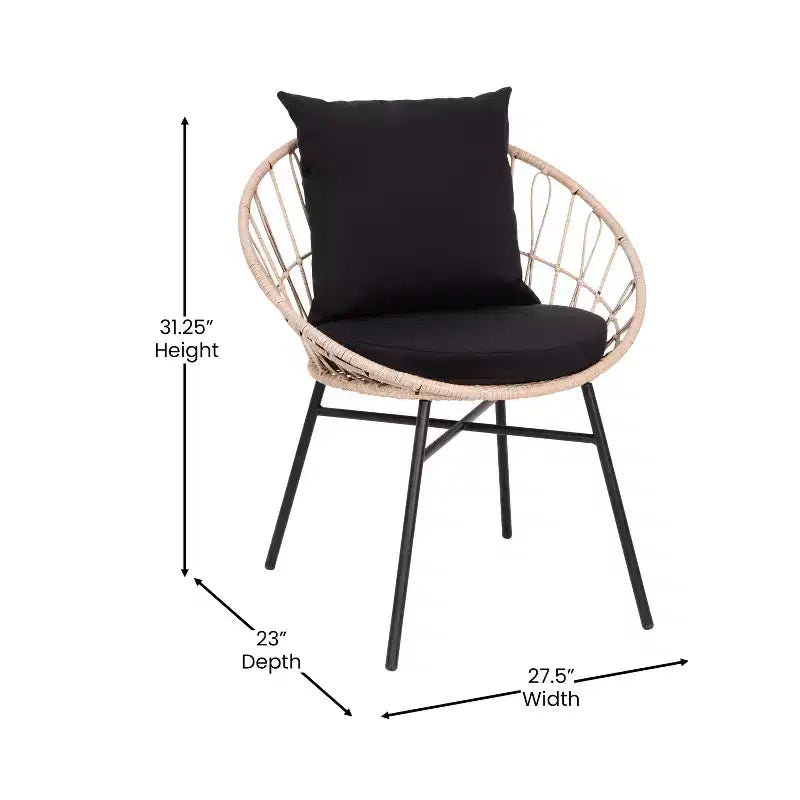 Ensemble de bistro 3 pièces Flash Furniture Devon pour l'intérieur/l'extérieur, chaises en rotin tressé de style Papasan, table d'appoint en verre et coussins