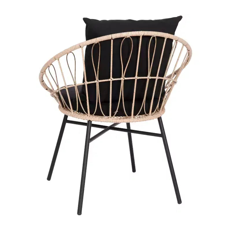 Ensemble de bistro 3 pièces Flash Furniture Devon pour l'intérieur/l'extérieur, chaises en rotin tressé de style Papasan, table d'appoint en verre et coussins