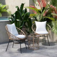 Ensemble de bistro 3 pièces Flash Furniture Devon pour l'intérieur/l'extérieur, chaises en rotin tressé de style Papasan, table d'appoint en verre et coussins