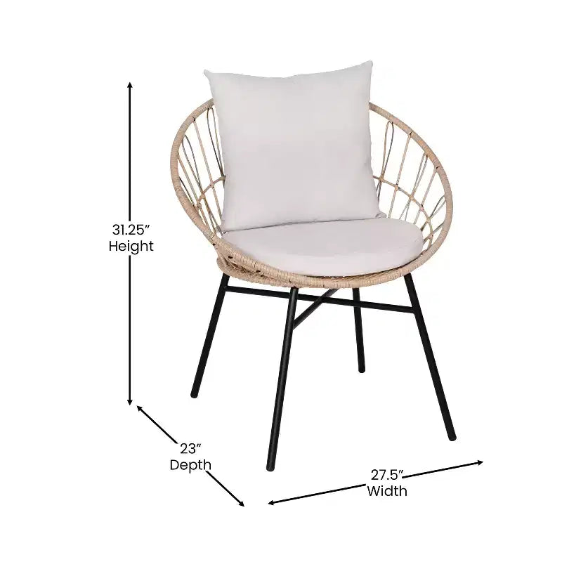 Ensemble de bistro 3 pièces Flash Furniture Devon pour l'intérieur/l'extérieur, chaises en rotin tressé de style Papasan, table d'appoint en verre et coussins
