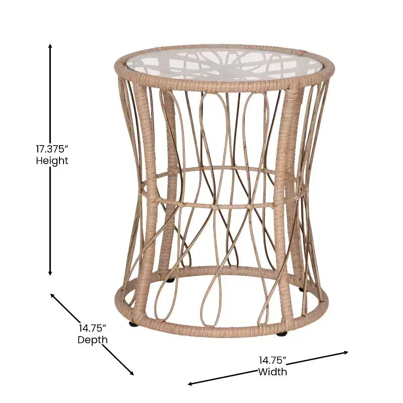 Ensemble de bistro 3 pièces Flash Furniture Devon pour l'intérieur/l'extérieur, chaises en rotin tressé de style Papasan, table d'appoint en verre et coussins