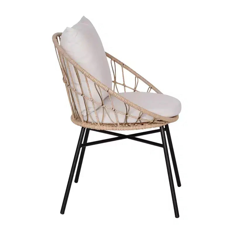 Ensemble de bistro 3 pièces Flash Furniture Devon pour l'intérieur/l'extérieur, chaises en rotin tressé de style Papasan, table d'appoint en verre et coussins
