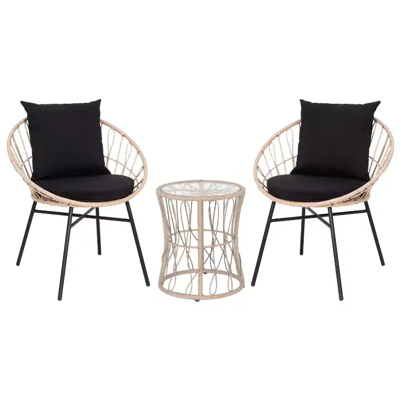 Ensemble de bistro 3 pièces Flash Furniture Devon pour l'intérieur/l'extérieur, chaises en rotin tressé de style Papasan, table d'appoint en verre et coussins
