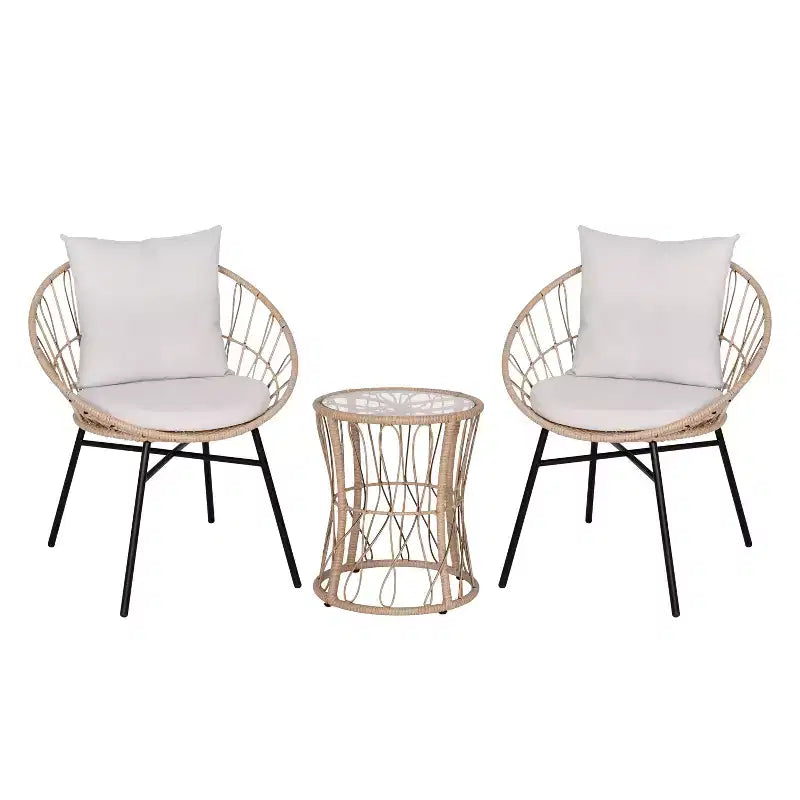 Ensemble de bistro 3 pièces Flash Furniture Devon pour l'intérieur/l'extérieur, chaises en rotin tressé de style Papasan, table d'appoint en verre et coussins