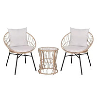 Ensemble de bistro 3 pièces Flash Furniture Devon pour l'intérieur/l'extérieur, chaises en rotin tressé de style Papasan, table d'appoint en verre et coussins