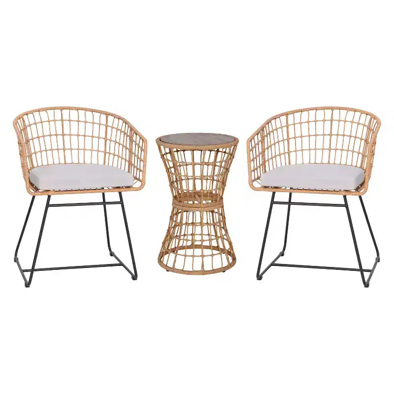 Flash Furniture Devon Ensemble bistro de patio 3 pièces - Chaises en corde de rotin d'intérieur/extérieur, table à plateau en bois d'acacia et coussins d'assise