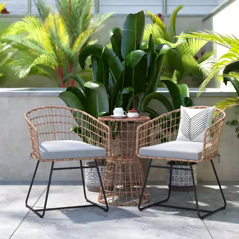 Flash Furniture Devon Ensemble bistro de patio 3 pièces - Chaises en corde de rotin d'intérieur/extérieur, table à plateau en bois d'acacia et coussins d'assise